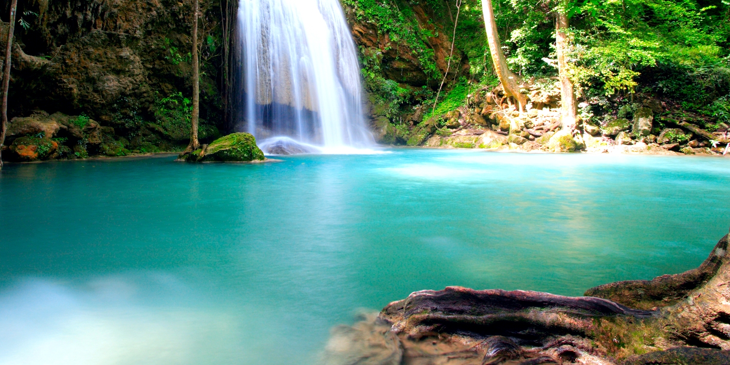 waterfall stream water pond trees greenery nature1500